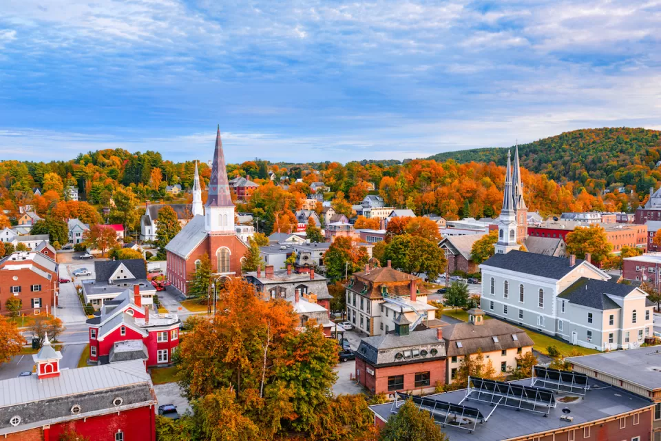 Aerial view of Burlington, Vermont in fall.
